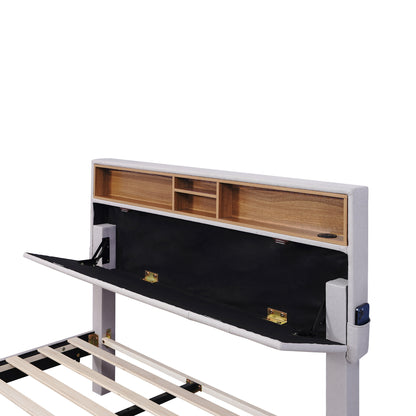 Upholstered Bed with Storage Headboard, LED, USB Charging and 2 Drawers