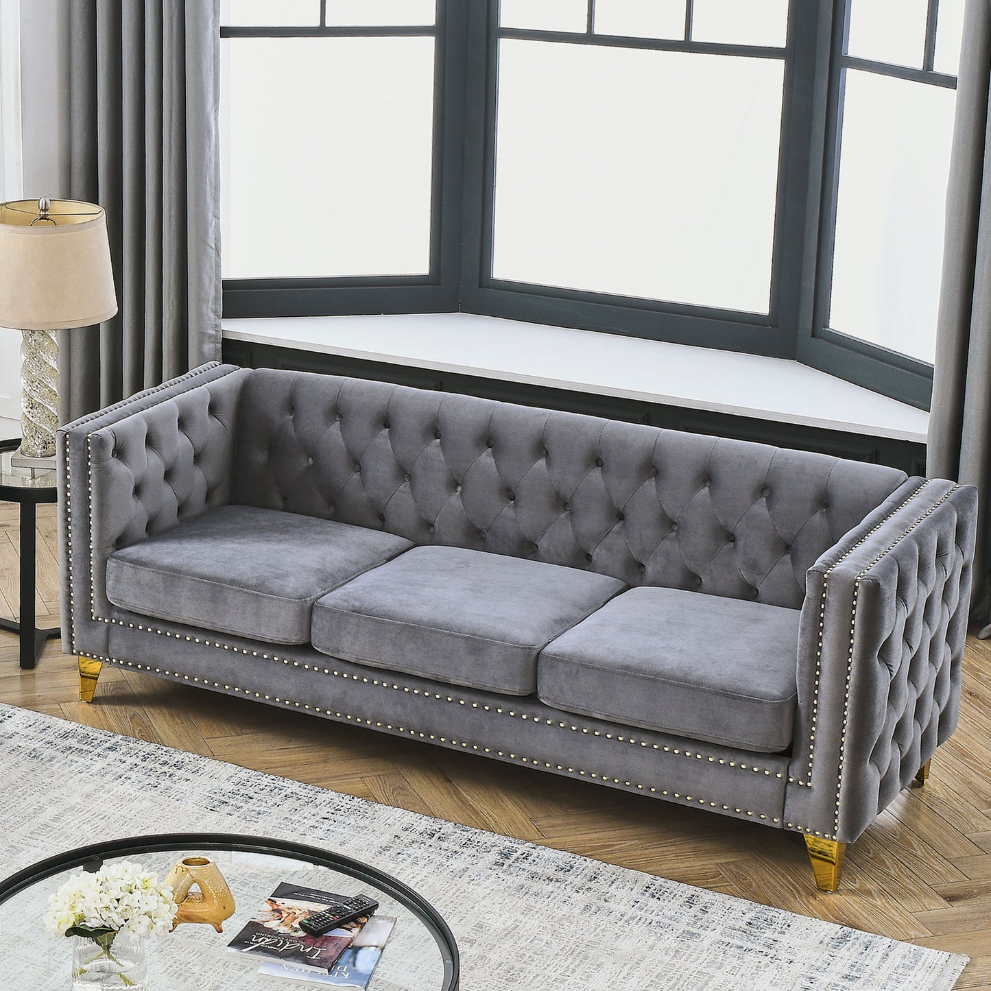 velvet sofa tufted square arm couch, grey velvet