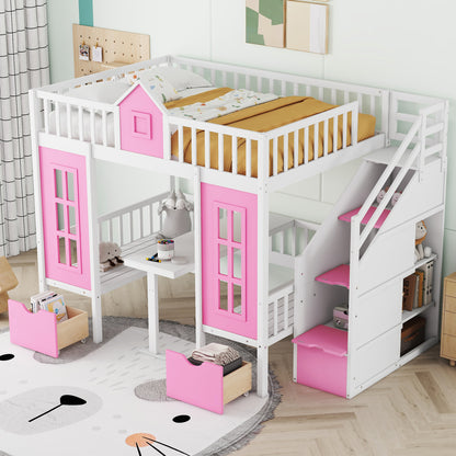 Full-Over-Full Bunk Bed with Changeable Table, Pink