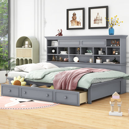 Wood Bed with Multi-Storage Shelves, Charging Station and 3 Drawers, Gray