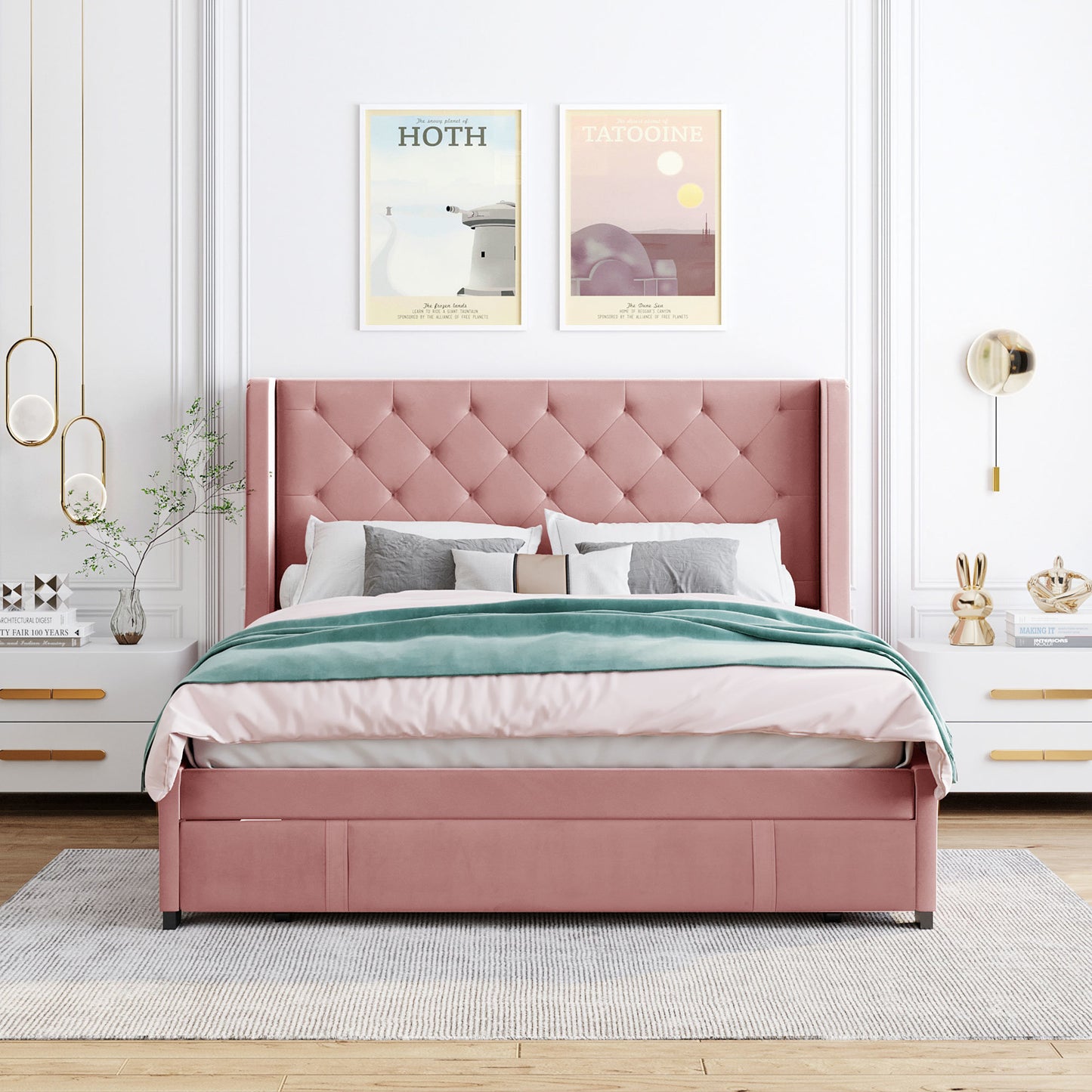 modern velvet upholstered platform bed with wingback headboard and a big drawer