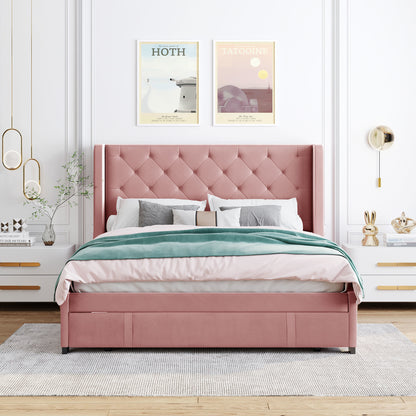 Modern Velvet Upholstered Platform Bed with Wingback Headboard and a Big Drawer