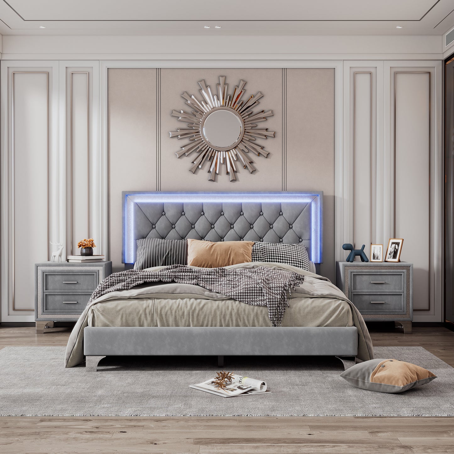 3-pieces upholstered platform bed with led lights and two nightstands-gray