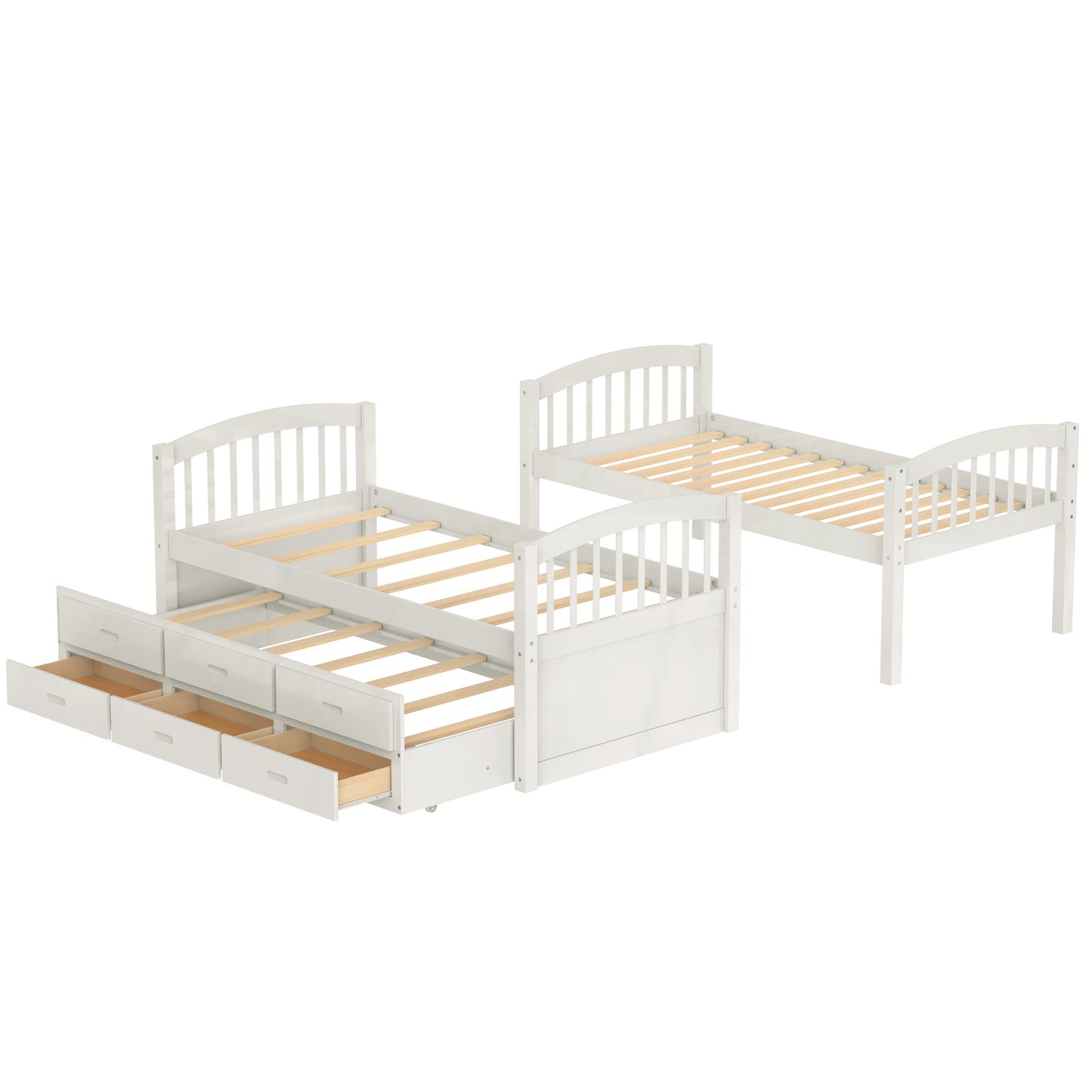 twin over twin wood bunk bed with trundle and drawers,white