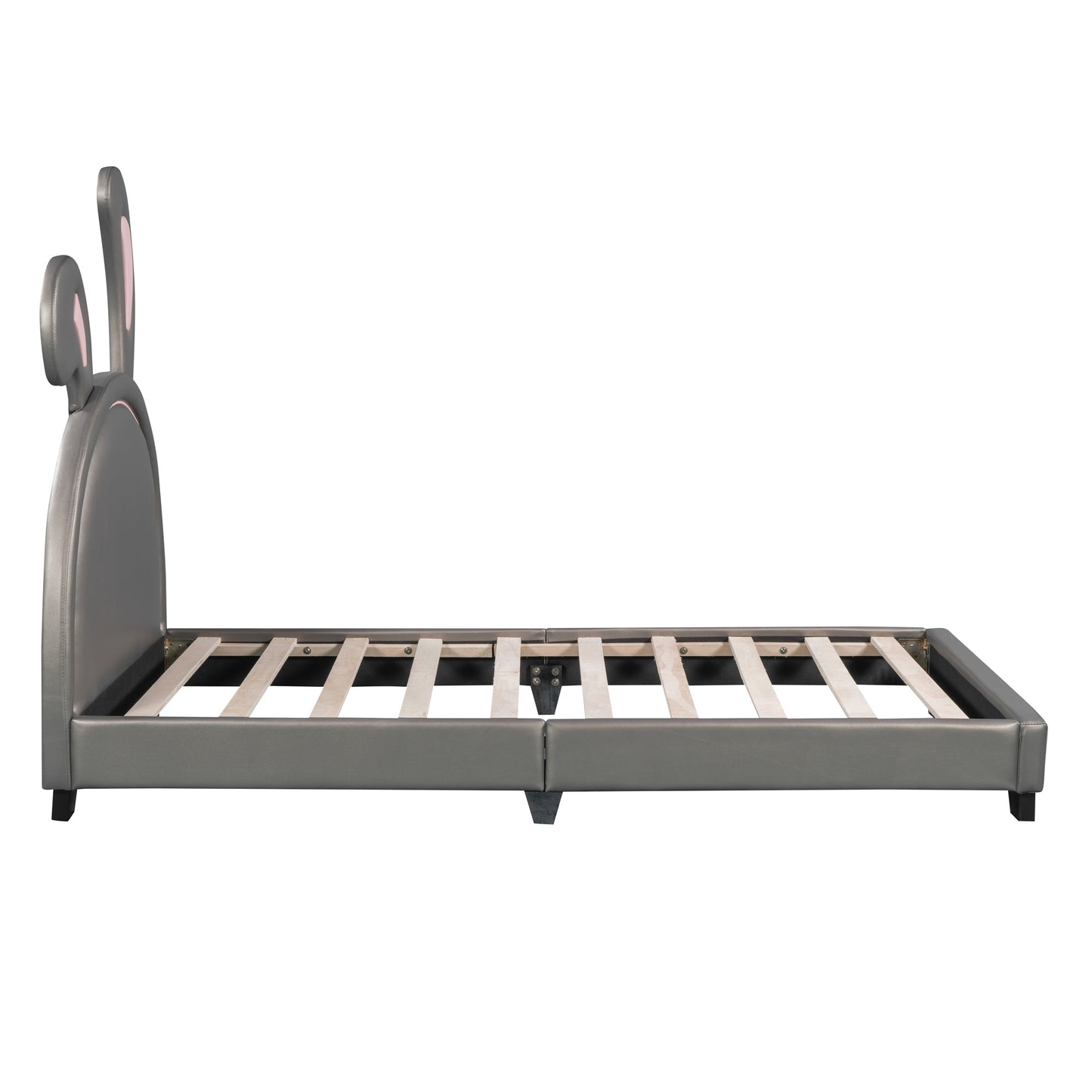 upholstered leather platform bed with rabbit ornament, gray