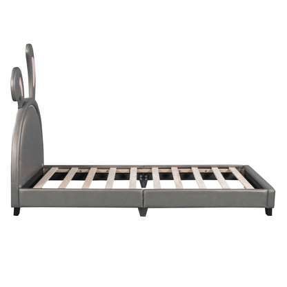 Upholstered Leather Platform Bed with Rabbit Ornament, Gray