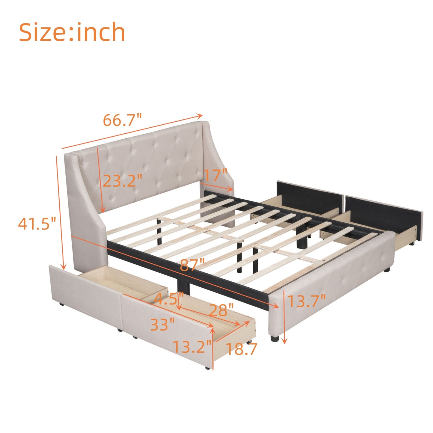 upholstered platform bed with wingback tufted headboard and 4 drawers, beige