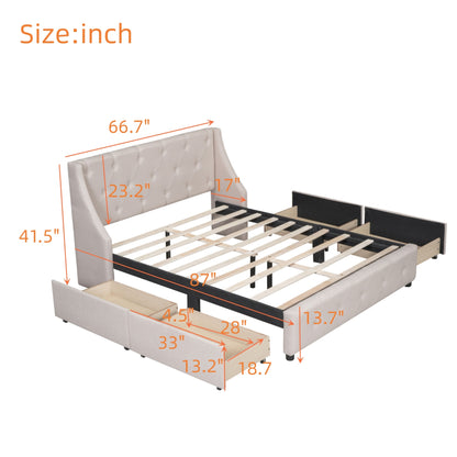 Upholstered Platform Bed with Wingback Tufted Headboard and 4 Drawers, Beige