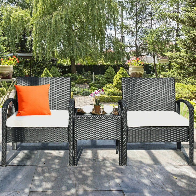 3 pieces outdoor rattan patio conversation set with seat cushions