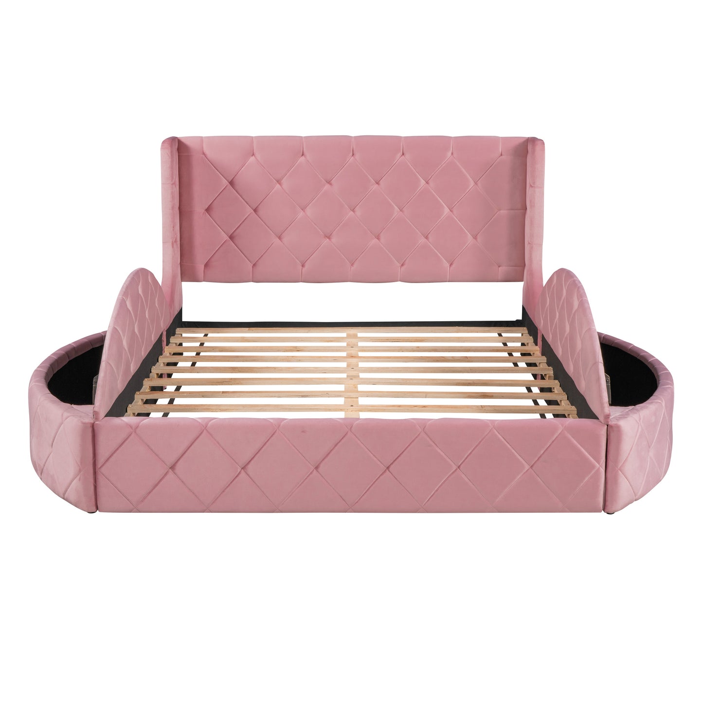 upholstered platform storage velvet bed with wingback headboard- pink