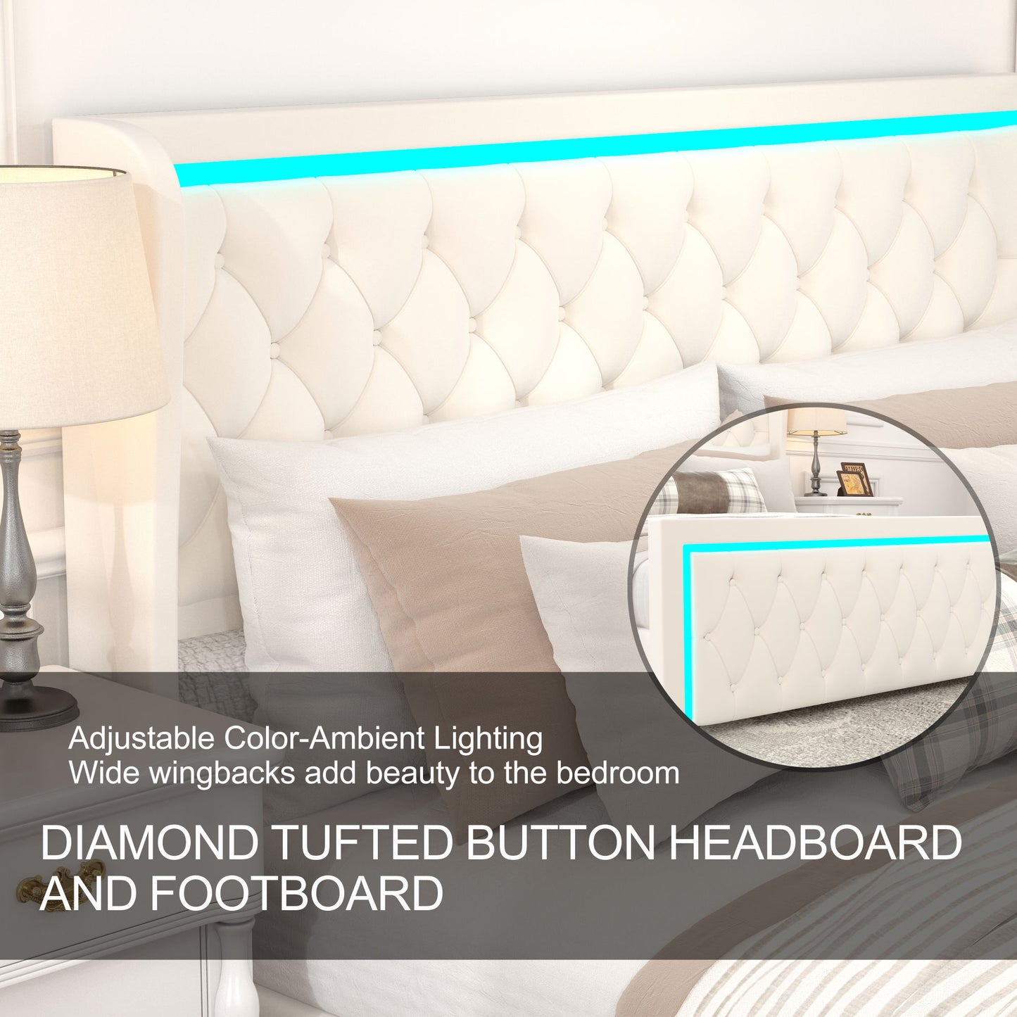 velvet upholstered bed with deep tufted buttons & adjustable colorful led light, beige