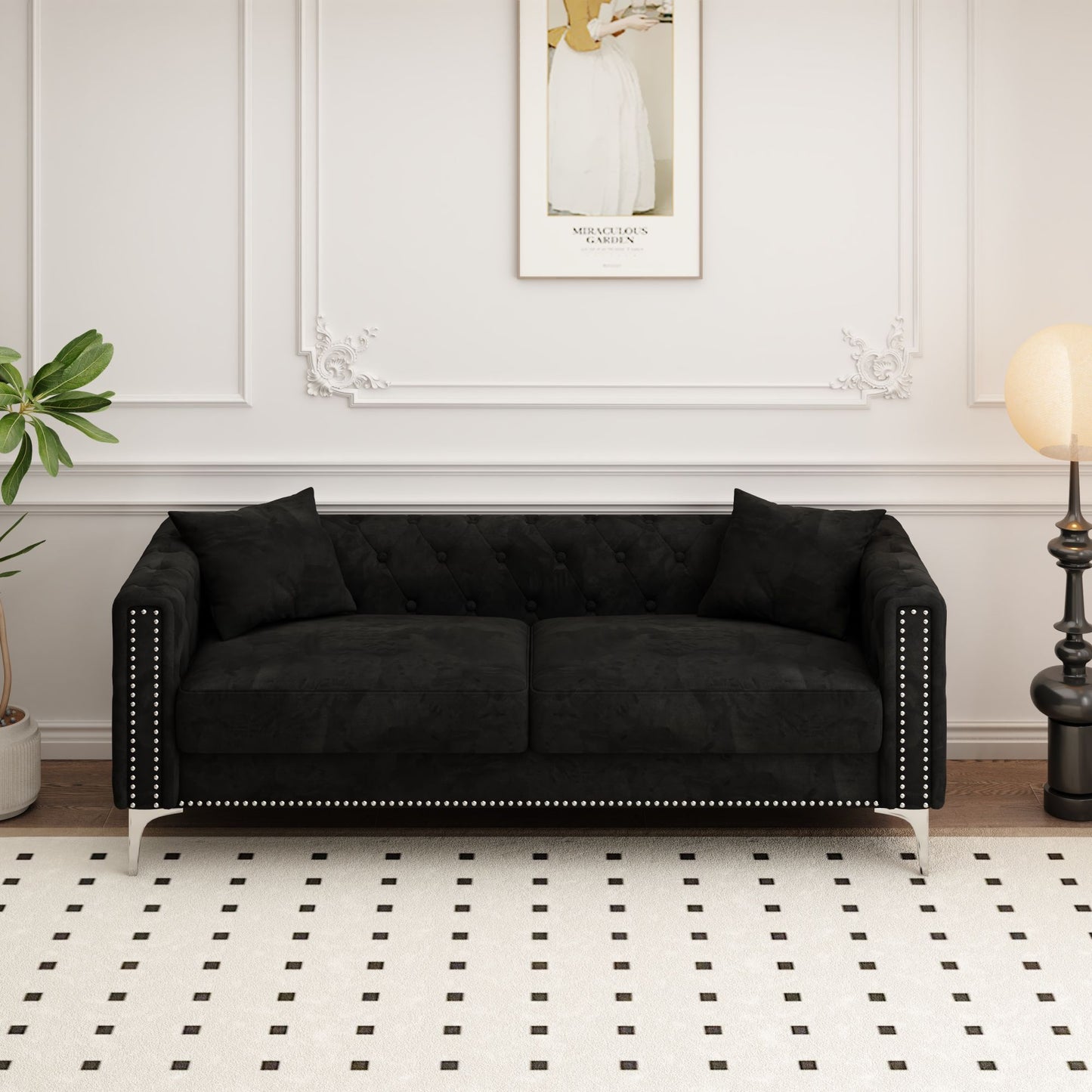 morgan sofa includes 2 pillows, black velvet