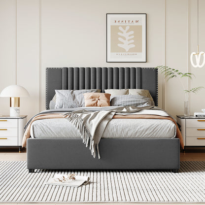 Upholstered Platform Bed with Classic Headboard and 4 Drawers, Gray