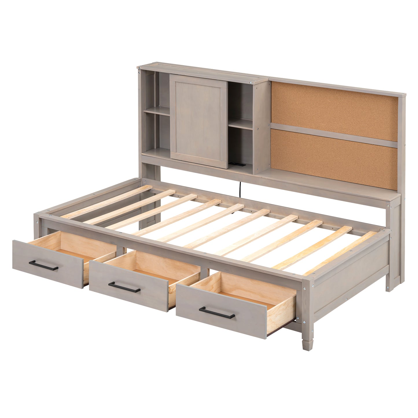twin size lounge daybed with storage shelves, cork board, usb ports and 3 drawers, antique gray