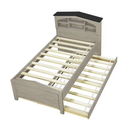 House-shaped Bed with Storage Headboard and Trundle, Gray