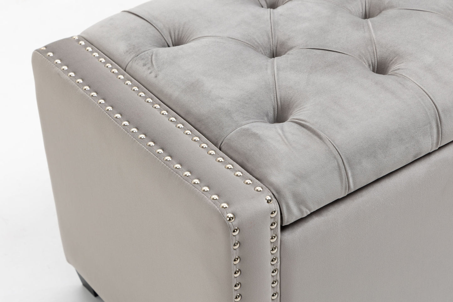 set of 3 47.5" wide upholstered storage ottoman with tufted top and solid wood legs gray