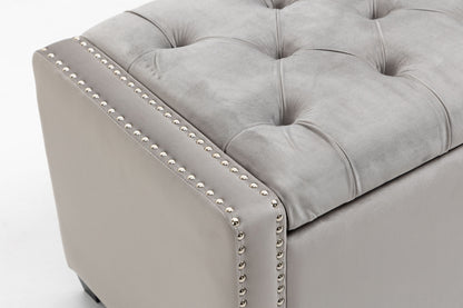 Set of 3 47.5" Wide Upholstered Storage Ottoman with Tufted Top and Solid Wood Legs Gray