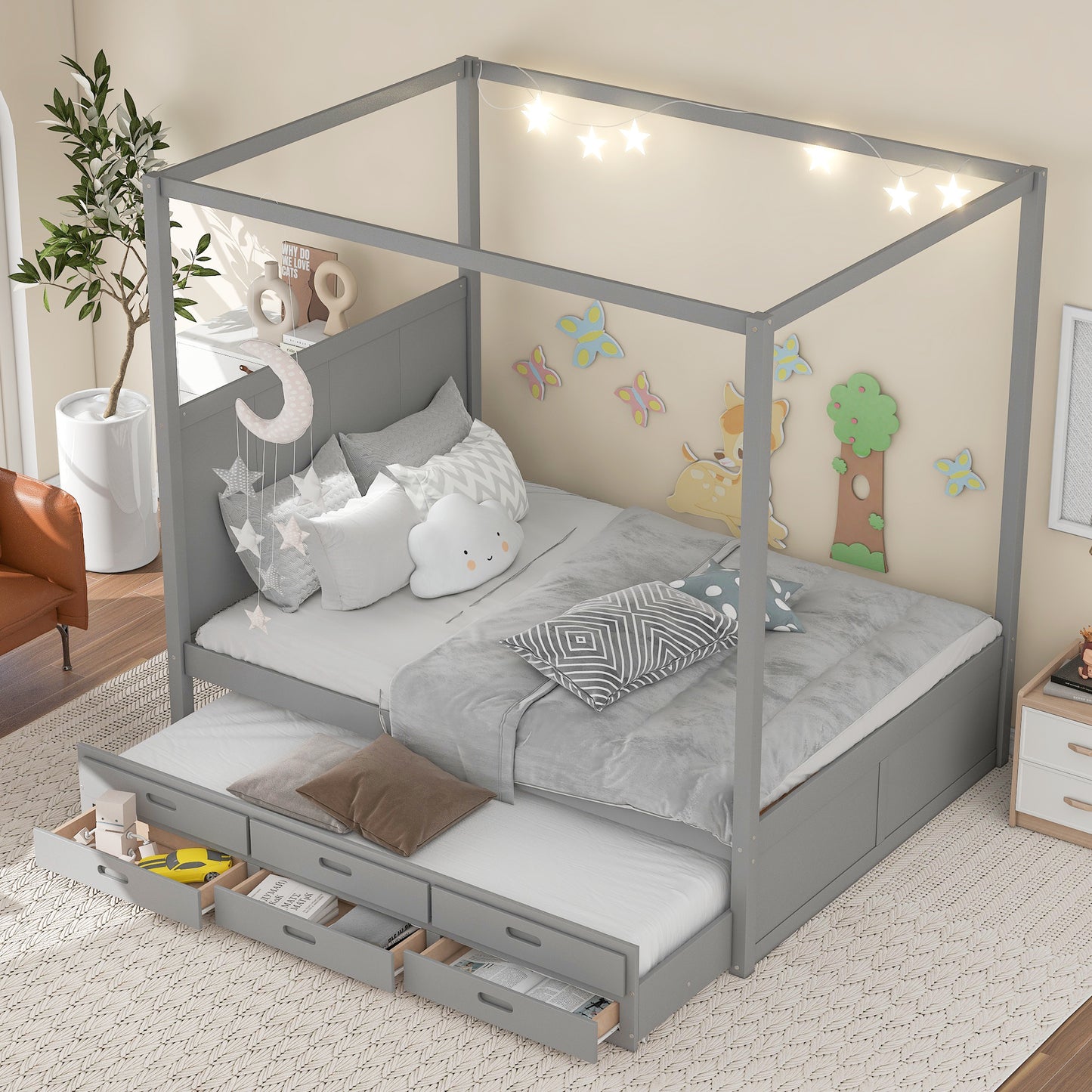 queen size canopy platform bed with twin size trundle and three storage drawers,gray