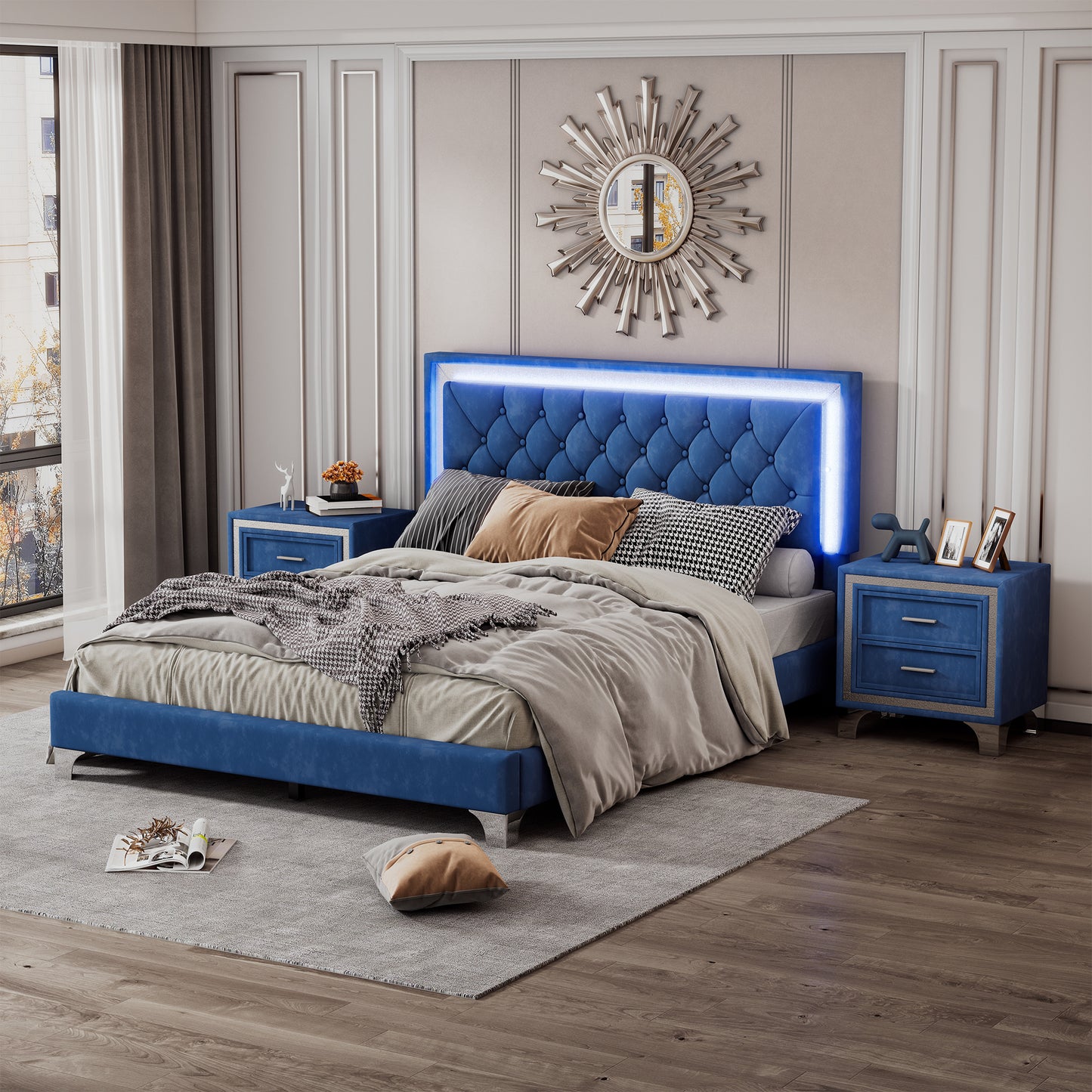3-pieces upholstered platform bed with led lights and two nightstands-blue
