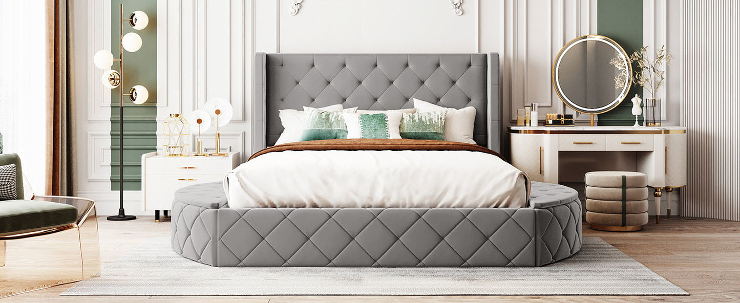 upholstered velvet platform bed with wingback headboard and 1 big drawer; 2 side storage stool