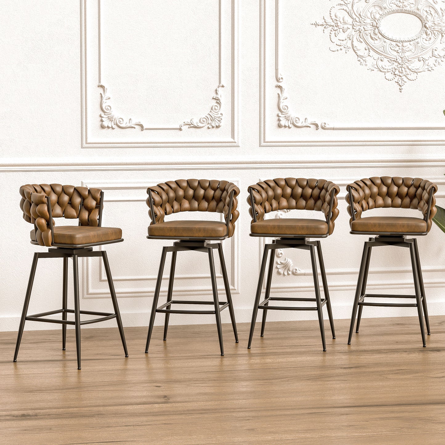 technical leather woven bar stool set of 4, brown