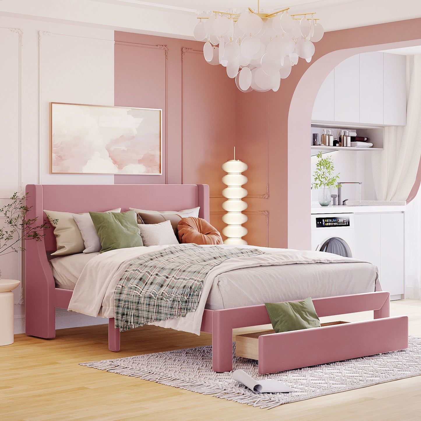 velvet upholstered storage bed with a big drawer - pink