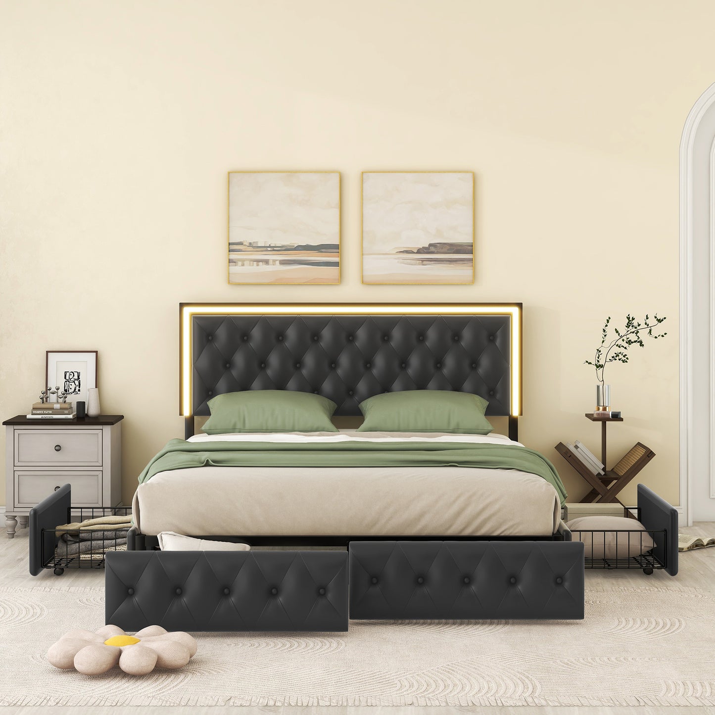 queen upholstered pu leather platform bed with led headboard, black