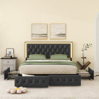 Queen Upholstered PU Leather Platform Bed with LED Headboard, Black