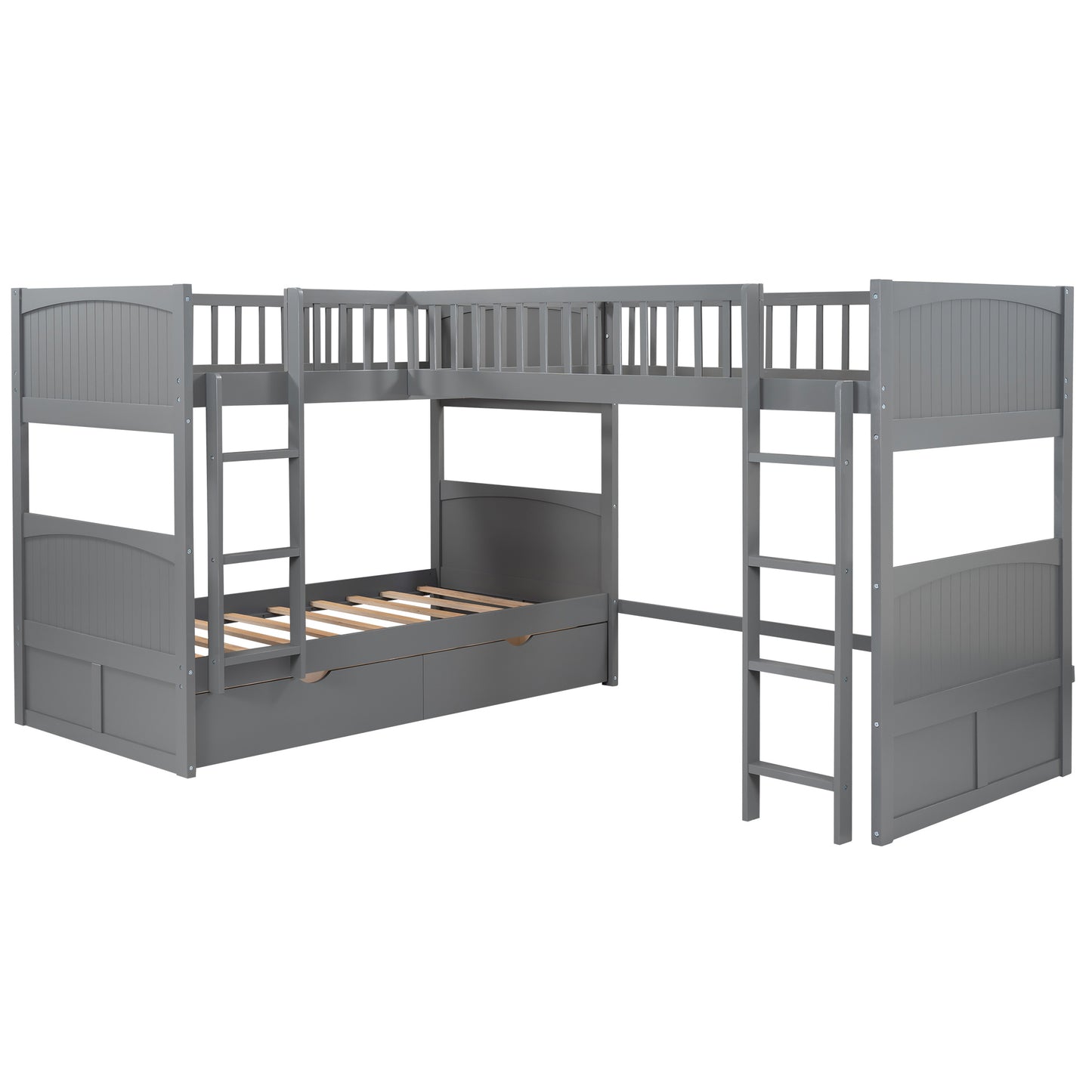 twin size bunk bed with a loft bed attached and two drawers, gray