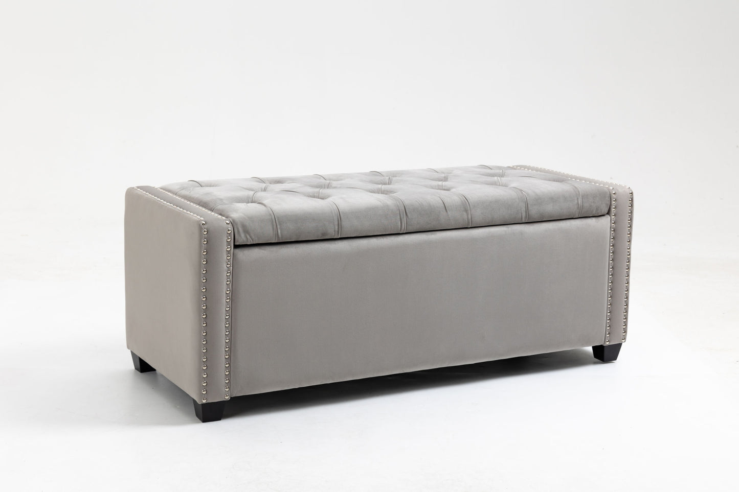 set of 3 47.5" wide upholstered storage ottoman with tufted top and solid wood legs gray