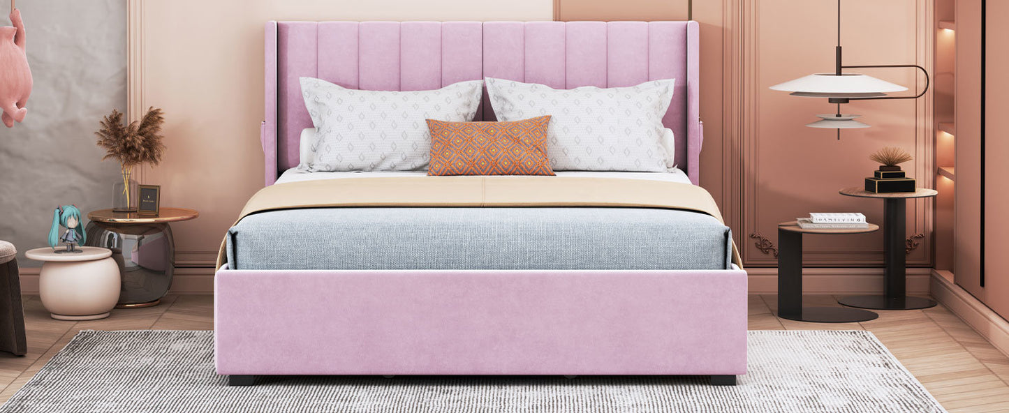 queen size upholstered bed with 4 drawers, pink