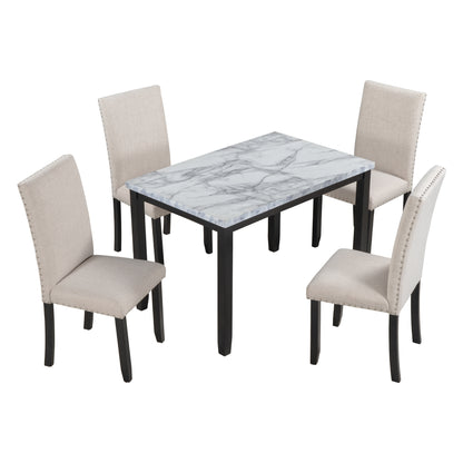 Faux Marble 5-Piece Dining Table Set ,White/Beige+Black