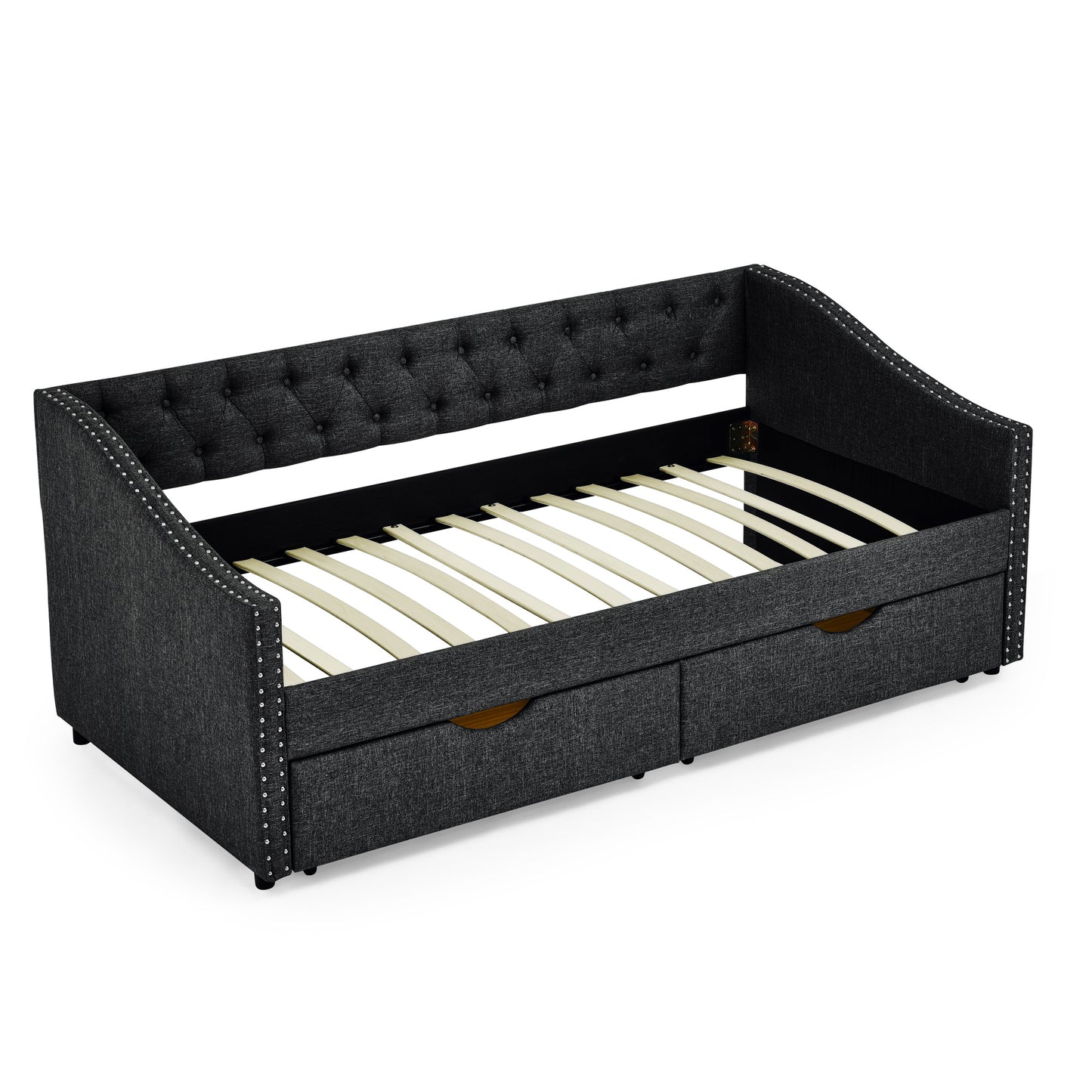 upholstered tufted sofa bed with drawers in grey