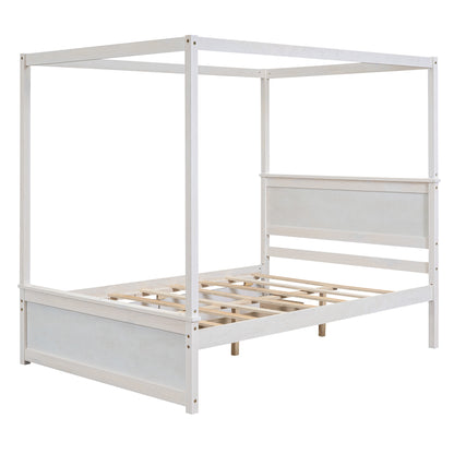Wood Canopy Bed with two Drawers, White