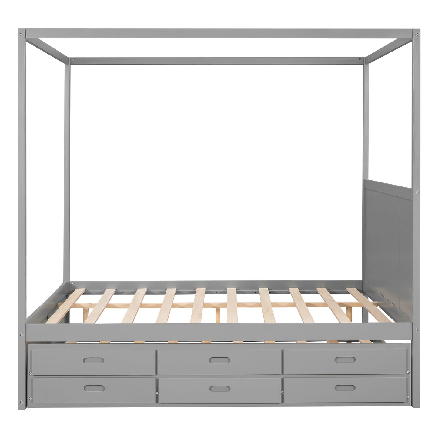 queen size canopy platform bed with twin size trundle and three storage drawers,gray