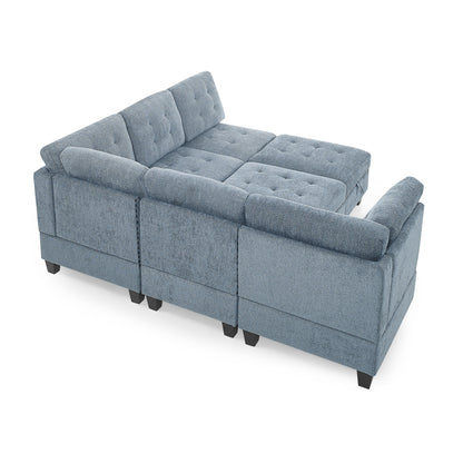 L shape Modular Sectional Sofa includes 2 Ottomans, Navy Blue