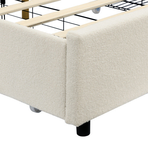 upholstered smart platform bed with 4-drawers strong wood slats, white