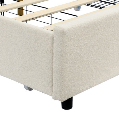 Upholstered Smart Platform Bed with 4-Drawers Strong Wood Slats, White
