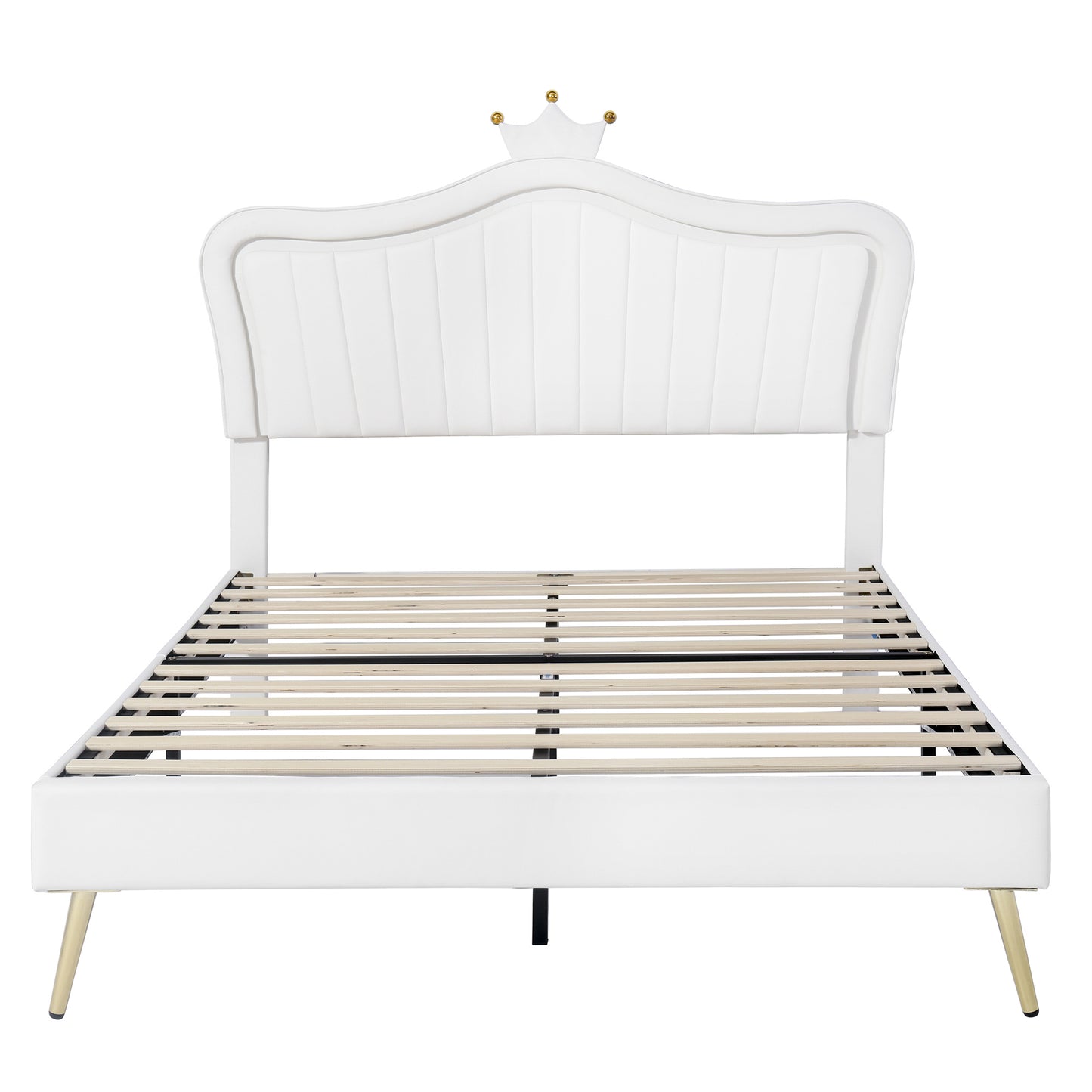modern upholstered princess bed with crown headboard and led lights, white