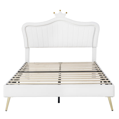 Modern Upholstered Princess Bed With Crown Headboard and LED Lights, White