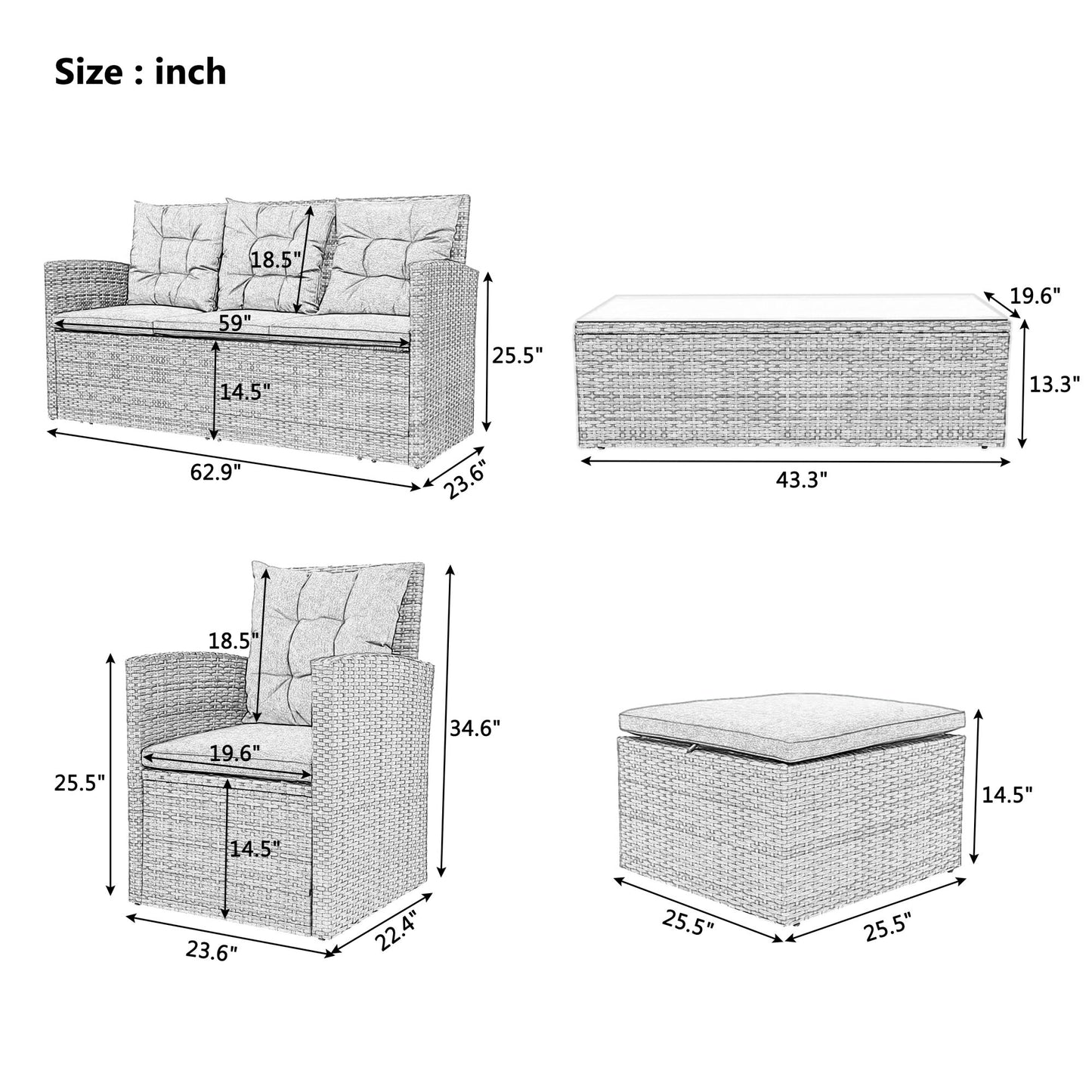 5-piece outdoor uv-resistant patio sofa set with storage bench
