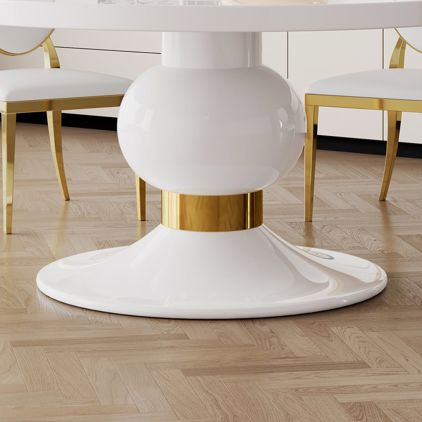 59" round white mdf dining table, base with gold finish stainless steel circle