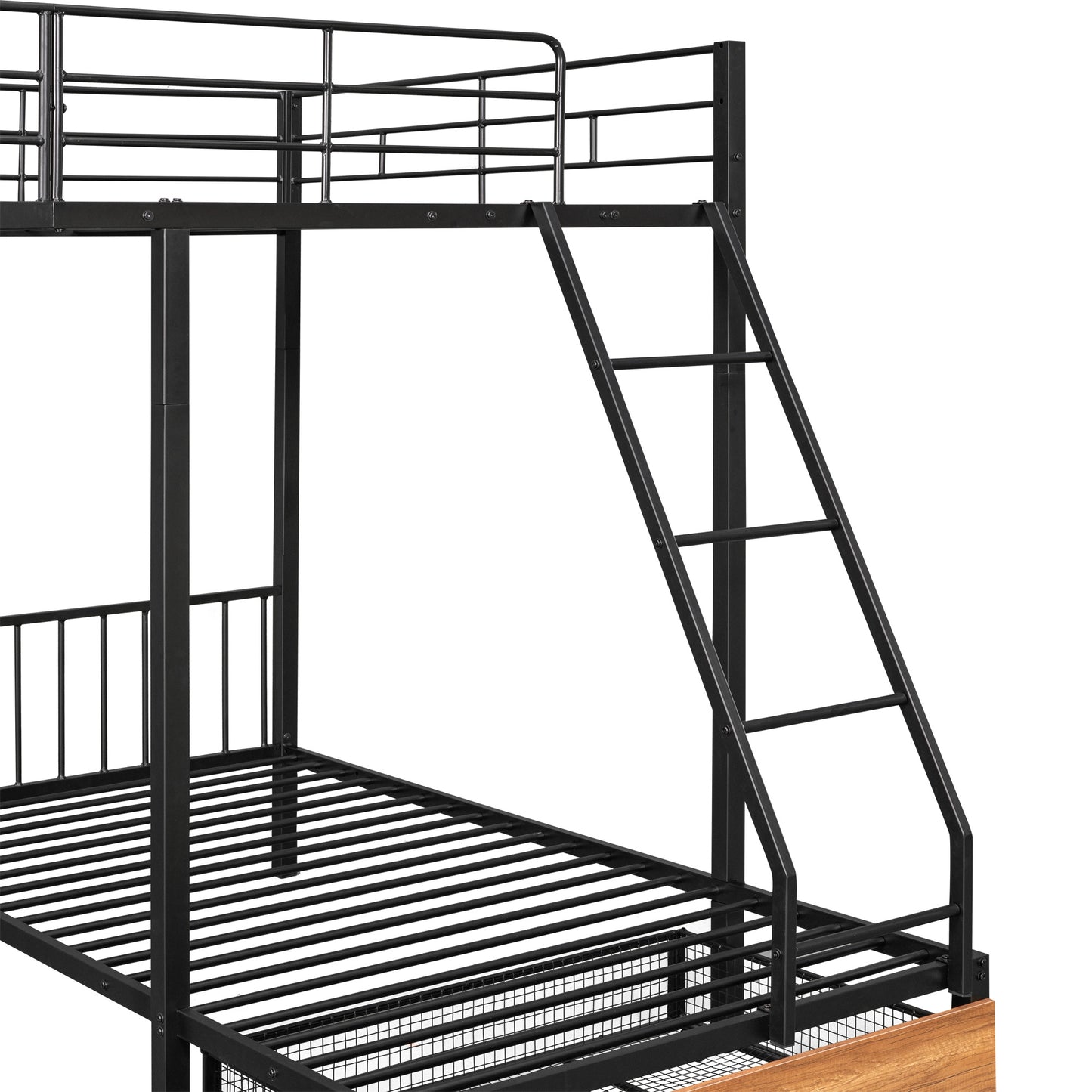 full over twin & twin bunk bed with drawers and guardrails, black
