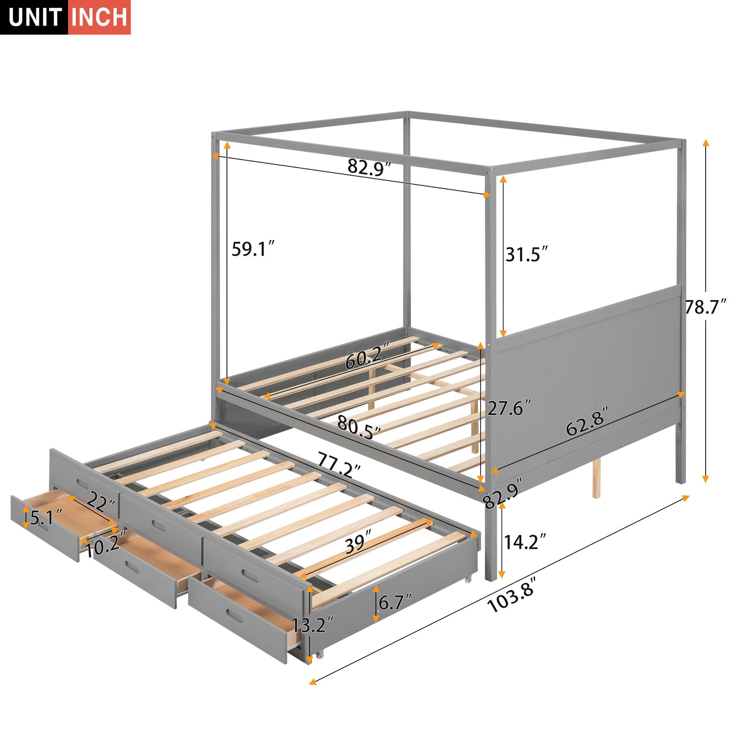 queen size canopy platform bed with twin size trundle and three storage drawers,gray