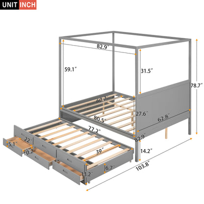 Queen Size Canopy Platform Bed with Twin Size Trundle and Three Storage Drawers,Gray