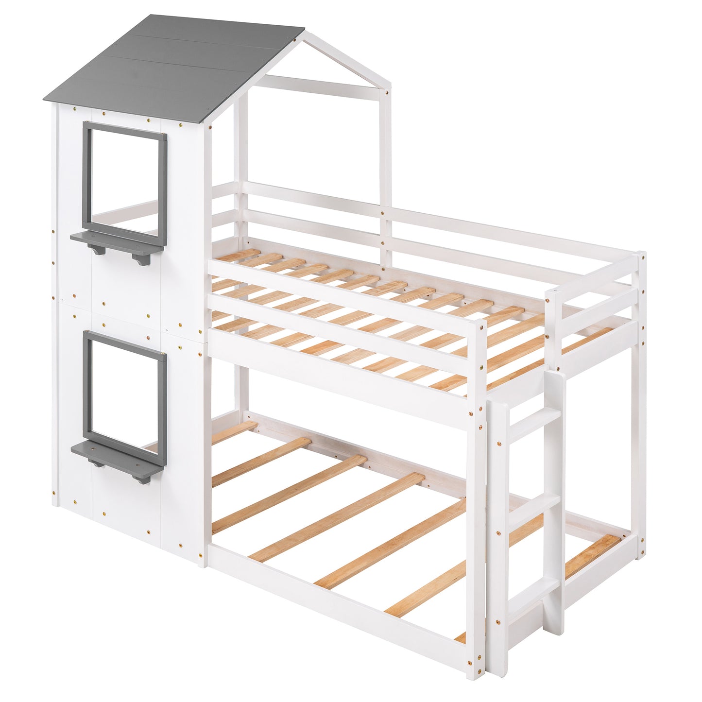 twin over twin bunk bed wood bed with roof, window, guardrail, and ladder