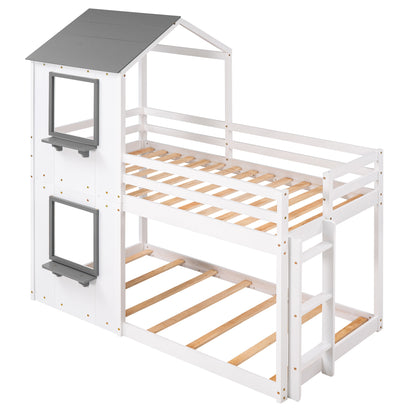Twin Over Twin Bunk Bed Wood Bed with Roof, Window, Guardrail, and Ladder