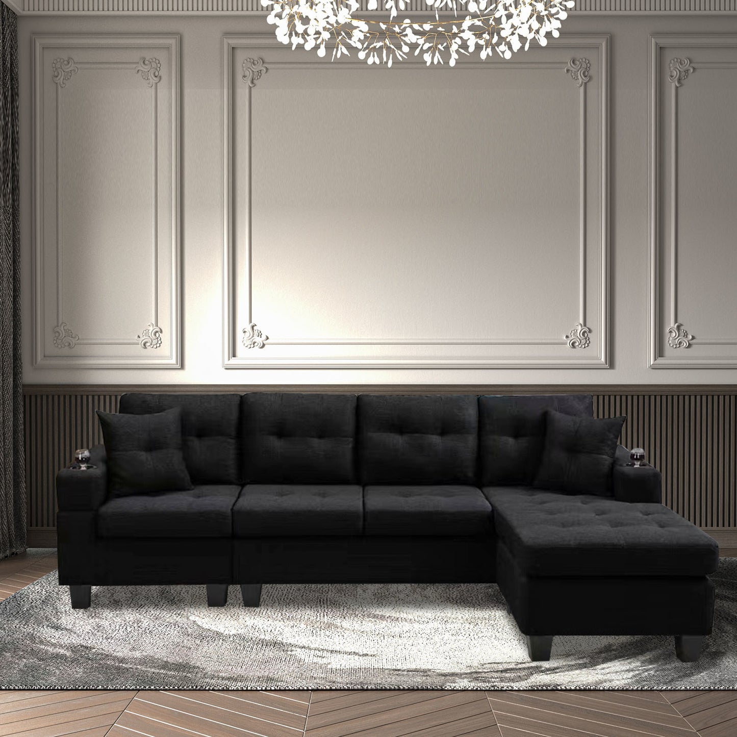 right sectional sofa with footrest, black