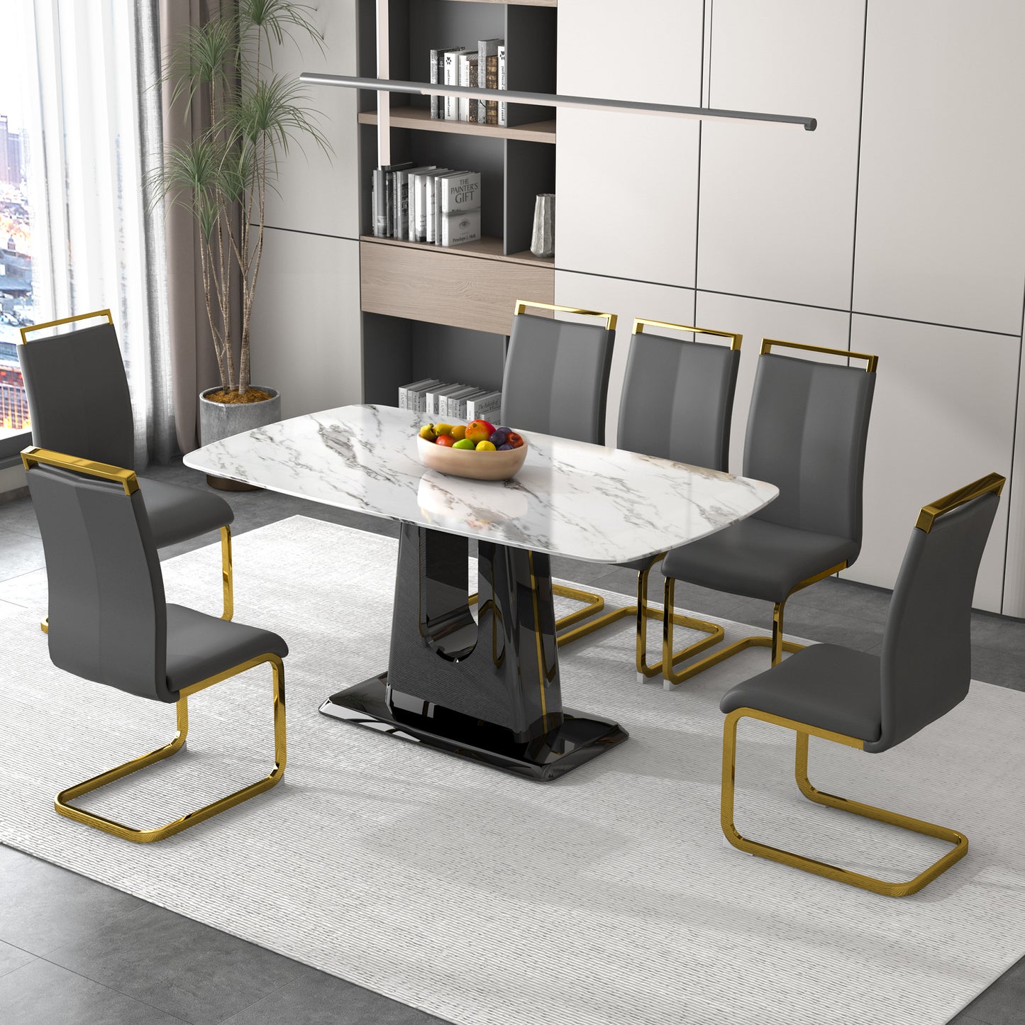 a modern, minimalist, and luxurious dining table with a white imitation marble tabletop and mdf legs with u-shaped brackets. tables in restaurants and living rooms 63"*35.4"*30 f-u