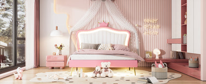 Modern Upholstered Princess Bed With Crown Headboard and LED Lights, White+Pink